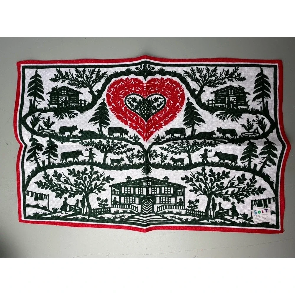 SOLT Vintage Swiss Handprinted Cotton Placemats Set of 2 Alpine Folk Art Heart